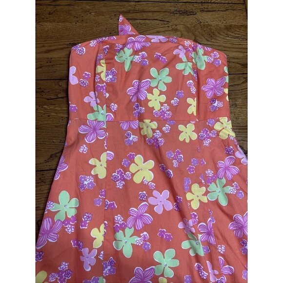 Lilly Pulitzer Orange Floral Tie Back Strapless Boning Cut Out Womens Dress SZ 8 - Picture 2 of 8